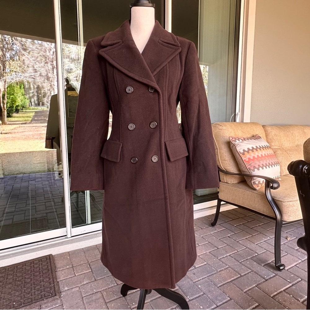 Zara Dark Brown Double-Breasted Trench Coat Wool Blend Size 10